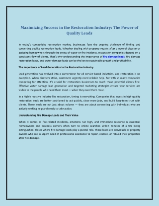 Maximizing Success in the Restoration Industry: The Power of Quality Leads