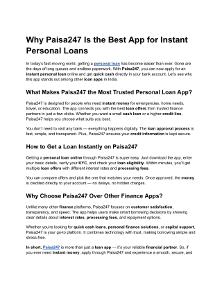 Why Paisa247 Is the Best App for Instant Personal Loans