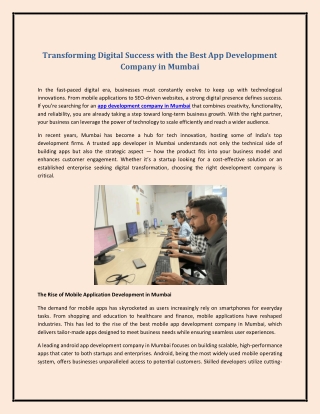 Transforming Digital Success with the Best App Development Company in Mumbai