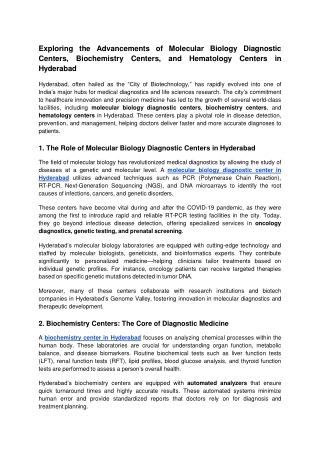 Exploring the Advancements of Molecular Biology Diagnostic Centers, Biochemistry Centers, and Hematology Centers in Hyde