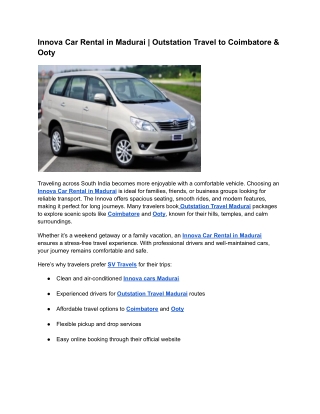 Innova Car Rental in Madurai | Outstation Travel to Coimbatore & Ooty