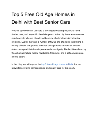 Top 5 Free Old Age Homes in Delhi with Best Senior Care