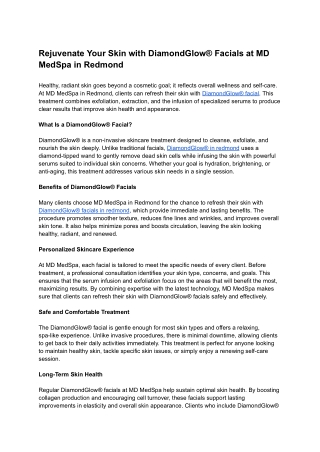 Rejuvenate Your Skin with DiamondGlow® Facials at MD MedSpa in Redmond