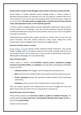 Private Lenders Canada, Private Mortgage Lenders Ontario Top Choices and Key Benefits
