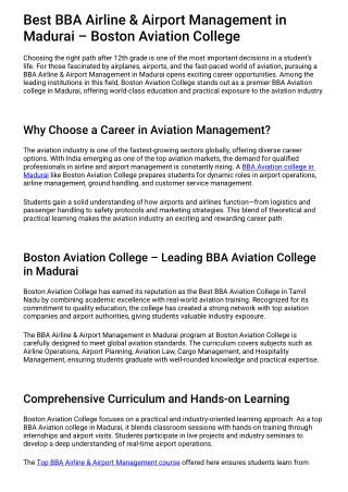 B.Sc Aviation Course in Madurai | Boston Aviation College