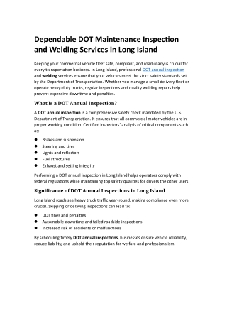 Dependable DOT Maintenance Inspection and Welding Services in Long Island