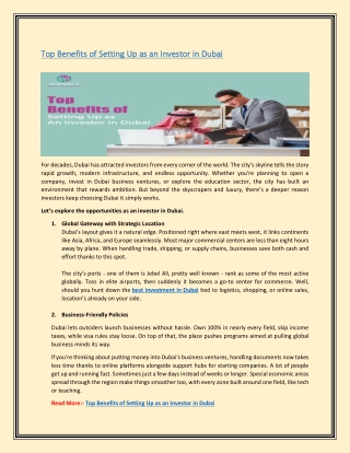 Top Benefits of Setting Up as an Investor in Dubai