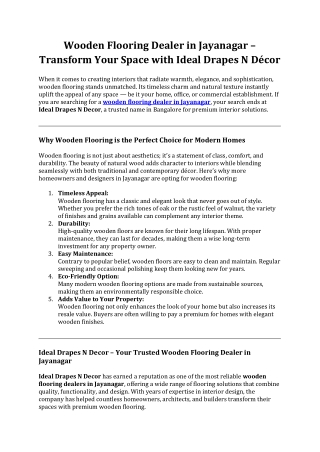 Wooden Flooring Dealer in Jayanagar – Transform Your Space with Ideal Drapes