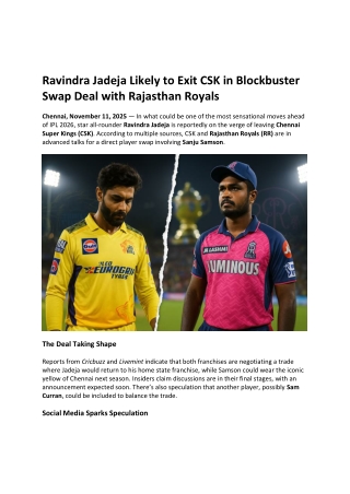 Ravindra Jadeja Likely to Exit CSK in Blockbuster Swap Deal with Rajasthan Royals