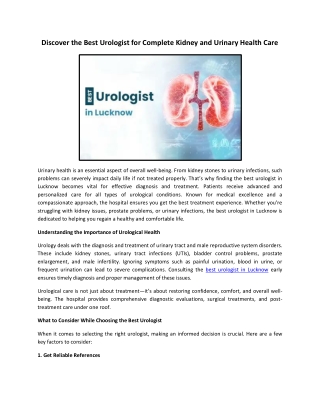 Discover the Best Urologist for Complete Kidney and Urinary Health Care