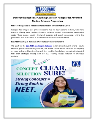 Discover the Best NEET Coaching Classes in Hadapsar for Advanced Medical Entrance Preparation