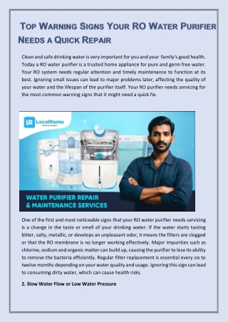 Top Warning Signs Your RO Water Purifier Needs a Quick Repair