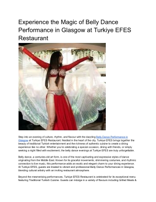 Experience the Best Belly Dance Performance Glasgow at Turkiye EFES Restaurant
