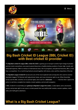Big Bash Cricket ID League (BBL Cricket ID) with Best cricket ID provider