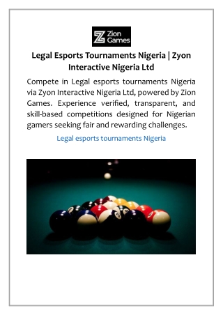 Legal Esports Tournaments Nigeria | Zyon Interactive Nigeria Ltd
