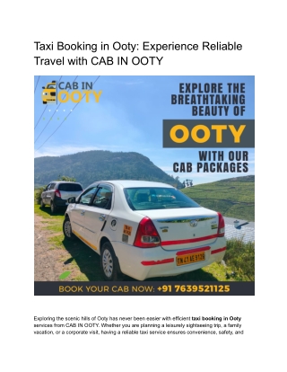 Taxi Booking in Ooty: Experience Reliable Travel with CAB IN OOTY