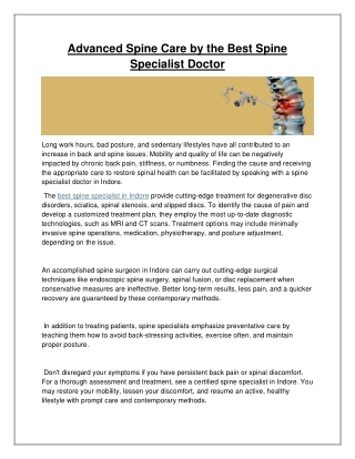 Advanced Spine Care by the Best Spine Specialist Doctor