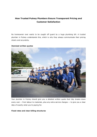 How Trusted Putney Plumbers Ensure Transparent Pricing and Customer Satisfaction