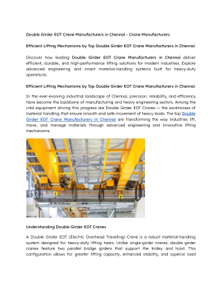 Efficient Lifting Mechanisms by Top Double Girder EOT Crane Manufacturers in Chennai