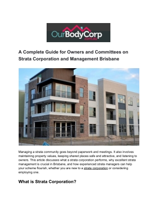 A Complete Guide for Owners and Committees on Strata Corporation and Management Brisbane