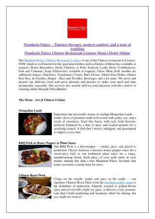 Mandarin Palace Chinese Restaurant Lismore Menu | Order Online