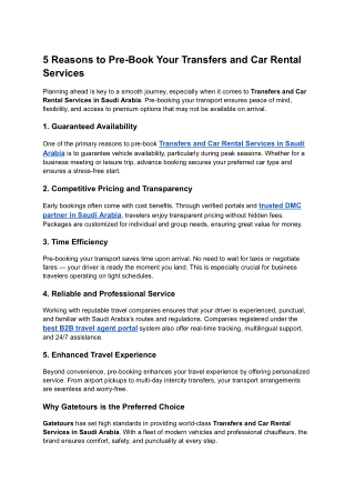 5 Reasons to Pre Book Your Transfers and Car Rental Services