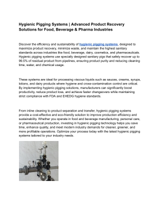 Hygienic Pigging Systems | Advanced Product Recovery Solutions for Food, Beverag