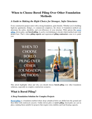 When to Choose Bored Piling Over Other Foundation Methods