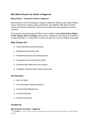 Best Maruti Suzuki Car Dealer in Nagercoil