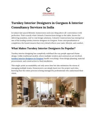 Turnkey Interior Designers in Gurgaon & Interior Consultancy Services in India