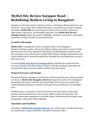 Mythri Sity Review Sarjapur Road – Redefining Modern Living in Bangalore