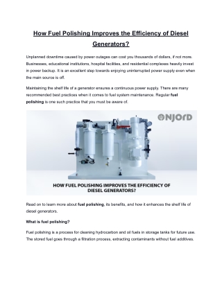 How Fuel Polishing Improves the Efficiency of Diesel Generators?