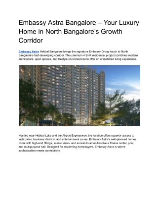 Embassy Astra Bangalore – Your Luxury Home in North Bangalore’s Growth Corridor