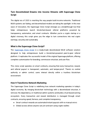 Turn Decentralized Dreams into Income Streams with Supersage Clone Script