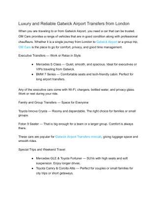 Luxury and Reliable Gatwick Airport Transfers from London