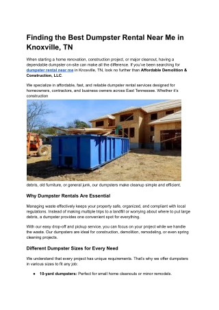 Finding the Best Dumpster Rental Near Me in Knoxville, TN