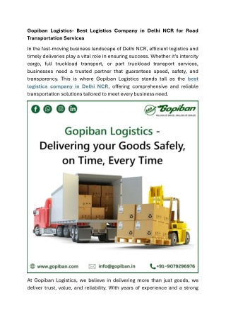Gopiban Logistics- Best Logistics Company in Delhi NCR for Road Transportation Services