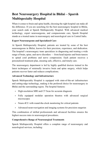 Best Neurosurgery Hospital in Bhilai – Sparsh Multispecialty Hospital