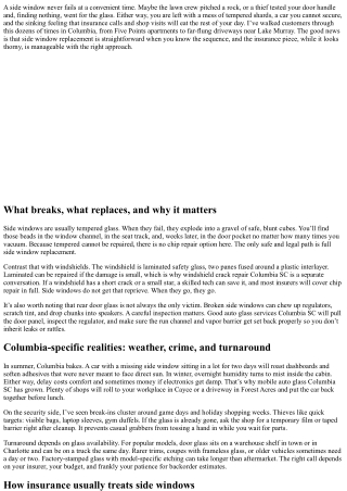 Side Window Replacement Columbia SC: Insurance and Claims