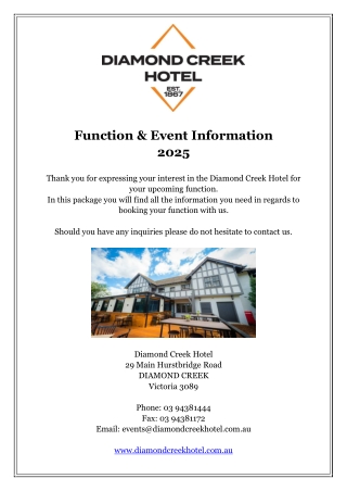 Diamond Creek Hotel - Function  Event Information 2025