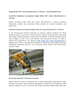 Industrial Excellence by Reputed Single Girder EOT Crane Manufacturers in Chennai