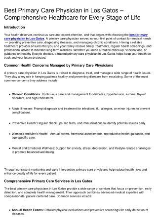 Best Primary Care Physician in Los Gatos – Comprehensive Healthcare for Every St