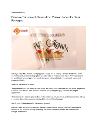 Premium Transparent Stickers from Prakash Labels for Sleek Packaging