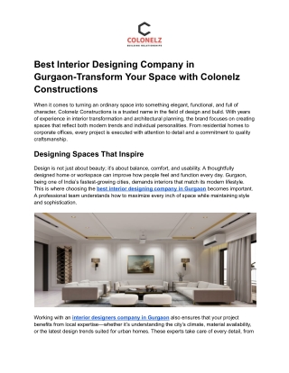 Best Interior Designing Company in Gurgaon-Transform Your Space with Colonelz Constructions