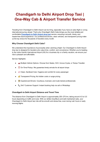 Chandigarh to Delhi Airport Drop Taxi _ One-Way Cab & Airport Transfer Service