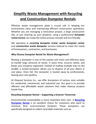 Simplify Waste Management with Recycling and Construction Dumpster Rentals