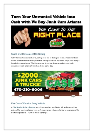 Turn Your Unwanted Vehicle into Cash with We Buy Junk Cars Atlanta