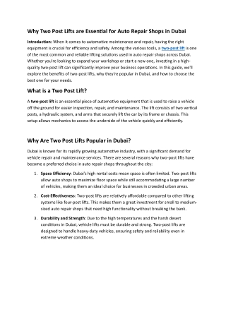 Why Two Post Lifts are Essential for Auto Repair Shops in Dubai