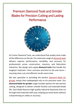 Premium Diamond Tools and Grinder Blades for Precision Cutting and Lasting Performance