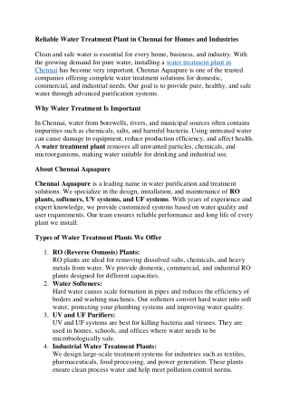 Reliable Water Treatment Plant in Chennai for Homes and Industries